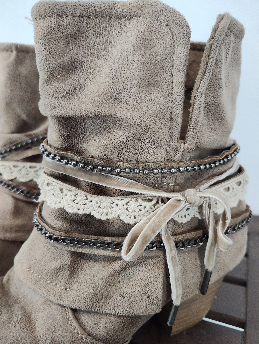 pop Wichita Taupe Faux Leather Lace-Trim Heeled Ankle Boots Women's 8.5M - Picture 8 of 13